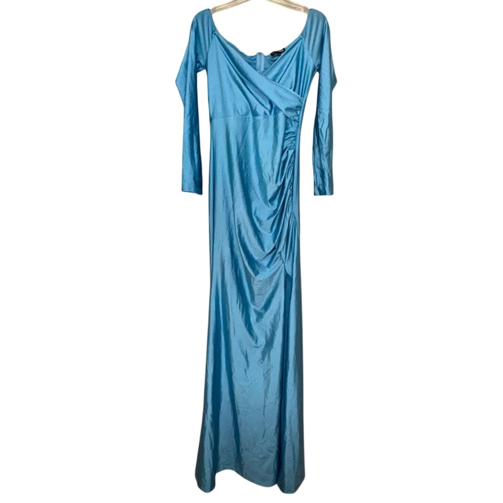 Fashion Nova Blue Off-Shoulder Ruched Gown